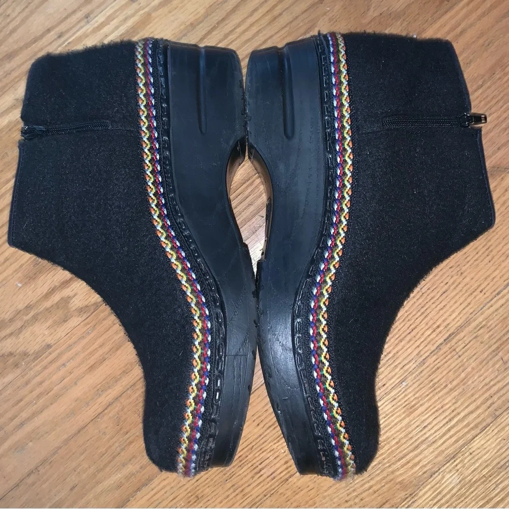 Dansko Black Suede Ankle Booties with Multicolor Braided Trim